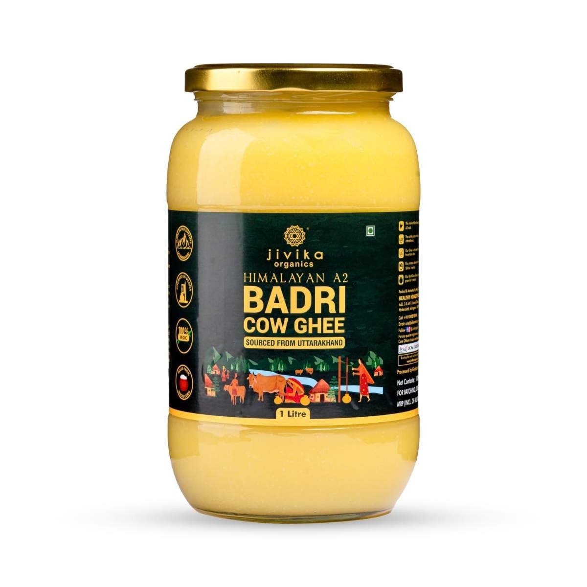 uk61dW3-fkouL-1.jpg JIVIKA Premium A2 Badri Cow Ghee 1Litre | Vedic Bilona Ghee from Uttarakhand | Hand Churned from Whole Curds | A2 Milk from Grass Fed Badri Cow | Pure and Authentic | Glass Bottle - Fast Shipping to USA & Canada - Image 1