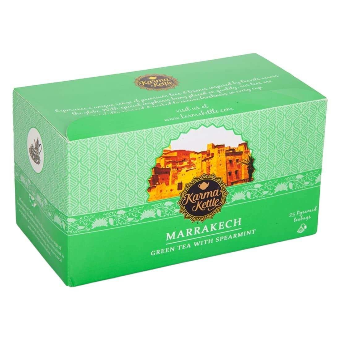 uk61e7qaLpseL-1.jpg Karma Kettle Marrakech Authentic Moroccan Green Tea, Low Caffeine, High Antioxidants, with Spearmint - 25 Pyramid Teabags, 50 g - Fast UK Delivery - Image 1