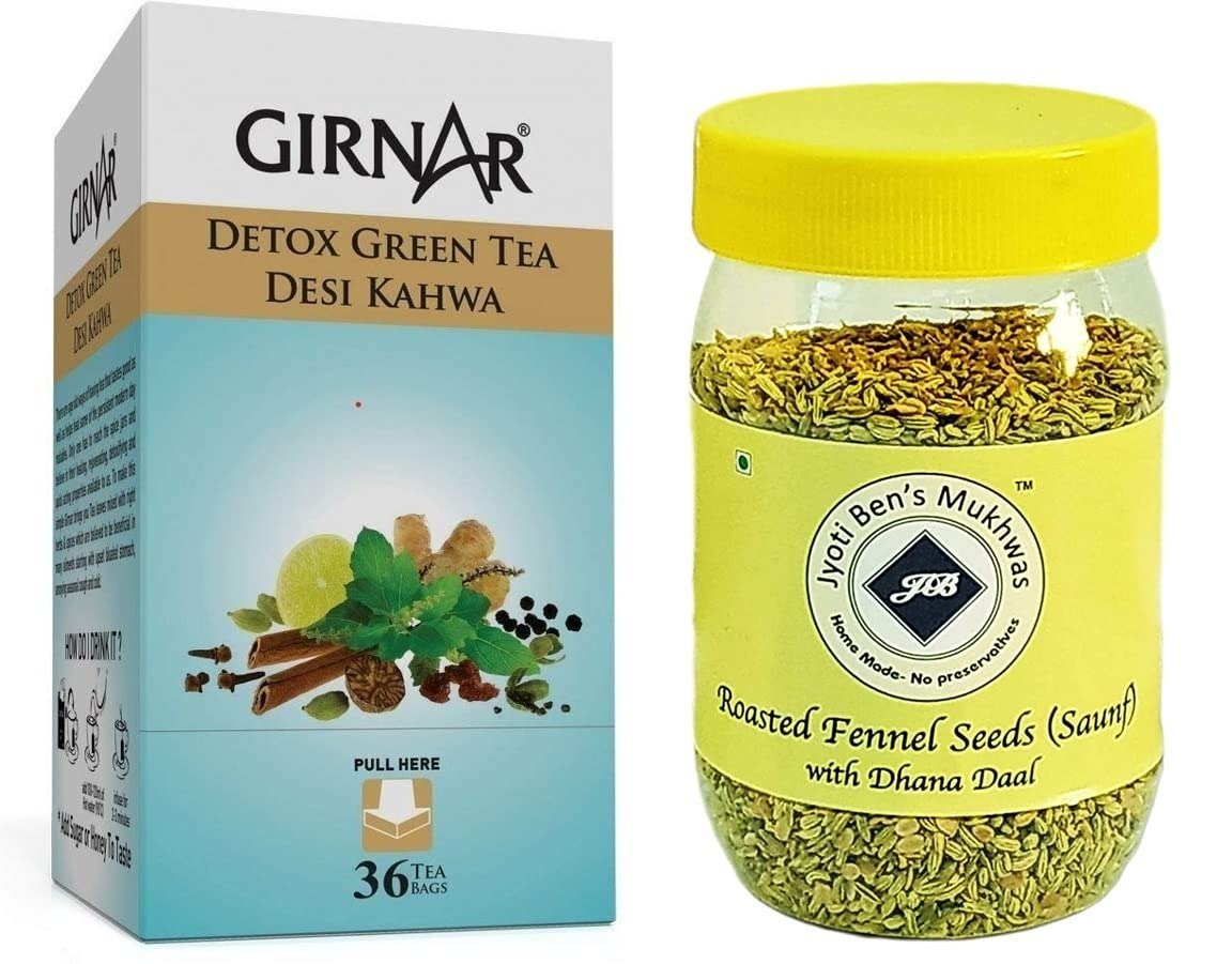 uk61hLpi472ML-1.jpg Girnar Detox Green Tea (36 Tea Bags) + Jyoti Ben's Mukhwas Roasted Saunf With Dhana Daal 200Gram - Fast UK Delivery - Image 1