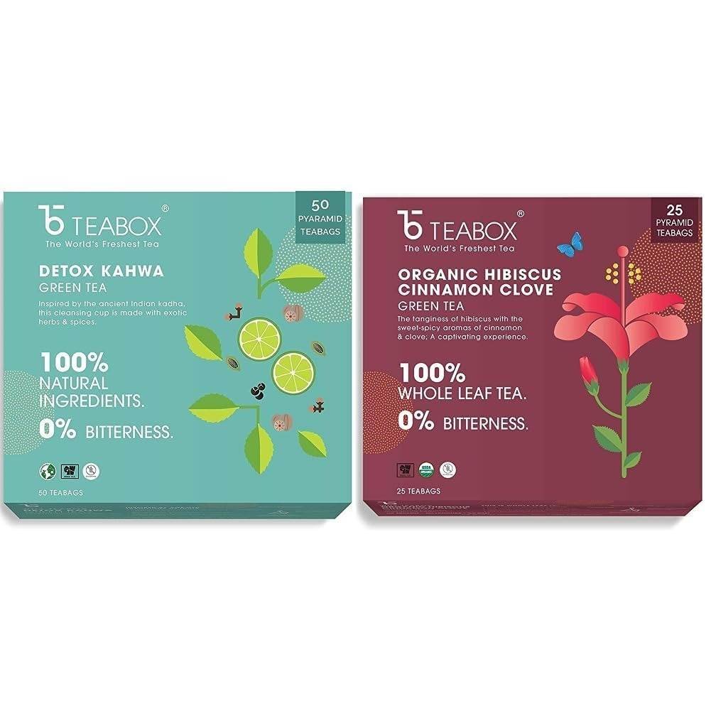 uk61jW2JmhVcL-1.jpg Teabox Detox Kahwa Green Tea 50 Teabags & Teabox Organic Hibiscus Cinnamon Clove Green Tea Bags 25 pcs - Fast UK Delivery - Image 1