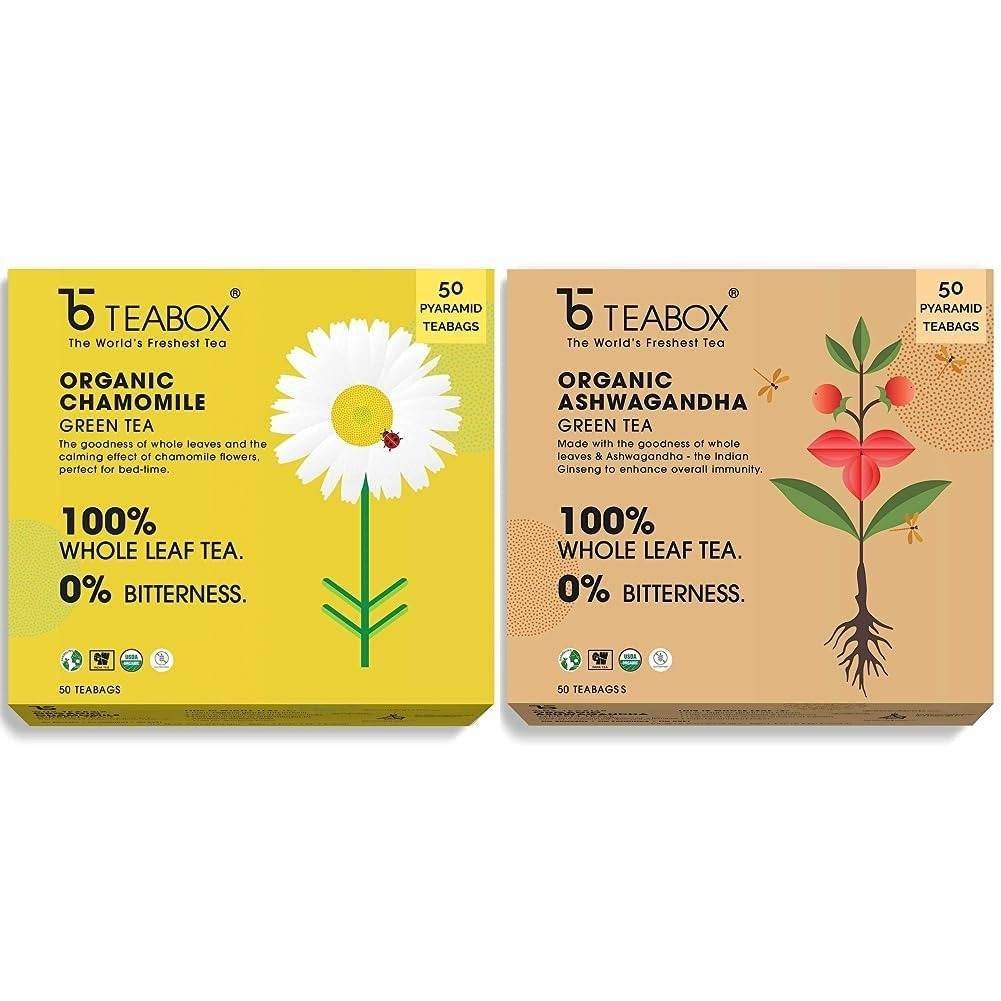 uk61jXA2pUm9L-1.jpg Teabox Chamomile Green Tea for Stress Relief & Good Sleep, 50 Silken Pyramid Tea Bags & Teabox Organic Ashwagandha Green Tea 50 Teabags - Fast UK Delivery - Image 1