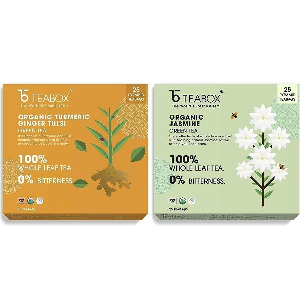 uk61n5kIQalJL-1.jpg Teabox Organic Turmeric Ginger Tulsi Green Tea 25 Teabags & Teabox Organic Jasmine Green Tea 25 Teabags | Sourced From Madurai | For Calm Mind and Relaxation - Fast UK Delivery - Image 1