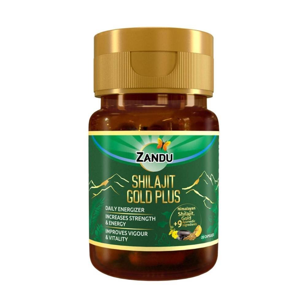 uk61o8TSO-sjL-1.jpg Zandu Shilajit Gold Plus| Scientifically tested advanced formula| Made using 100% Pure Himalayan Shilajit, Gold & 9 Ayurvedic herbs |Enhances strength, stamina, vigour, vitality and power | 20 Caps - Fast UK Delivery - Image 1