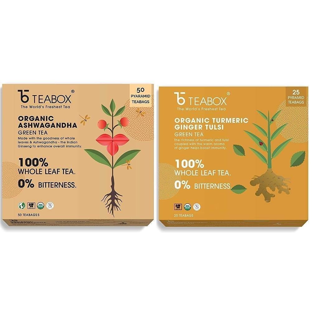 uk61oDgY2KGmL-1.jpg Teabox Organic Ashwagandha Green Tea 50 Teabags & Teabox Organic Turmeric Ginger Tulsi Green Tea 25 Teabags - Fast UK Delivery - Image 1