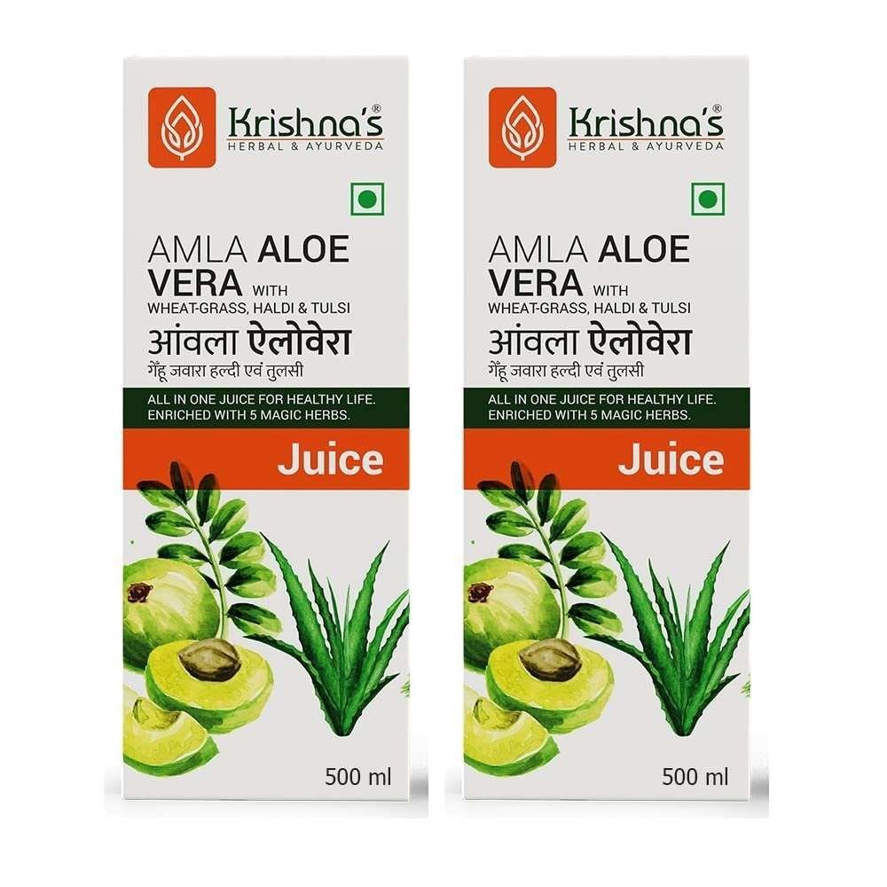 uk61oS2h5v4UL-1.jpg KRISHNA'S HERBAL & AYURVEDA Amla Aloe Vera Wheat-Grass, Haldi & Tulsi Juice - 500 Ml (Pack Of 2) | Enriched With Vitamin C | All In One Drink With Aloe Vera, Amla, Haldi, Tulsi & Wheatgrass - Fast UK Delivery - Image 1