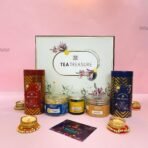Tea Treasure Rakshabandhan Gifts for Employees | Kahwa Tea 50g, Sweet Dreams Tea 50g, Salted & Black Pepper Cashew 150g, Dates Roll 150g, Honey Dip Nut Mix 100g - Fast UK Delivery