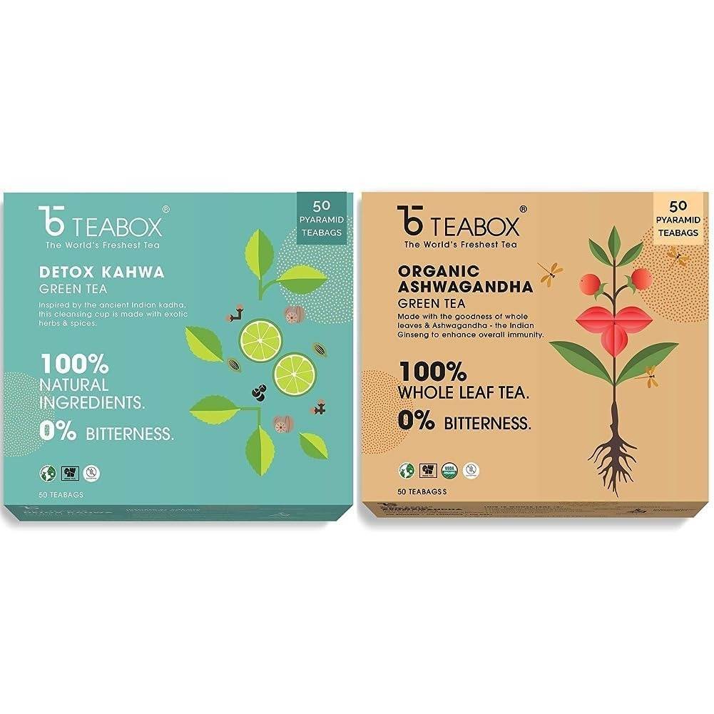 uk61vYra4QMWL-1.jpg Teabox Detox Kahwa Green Tea 50 Teabags & Teabox Organic Ashwagandha Green Tea 50 Teabags - Fast UK Delivery - Image 1