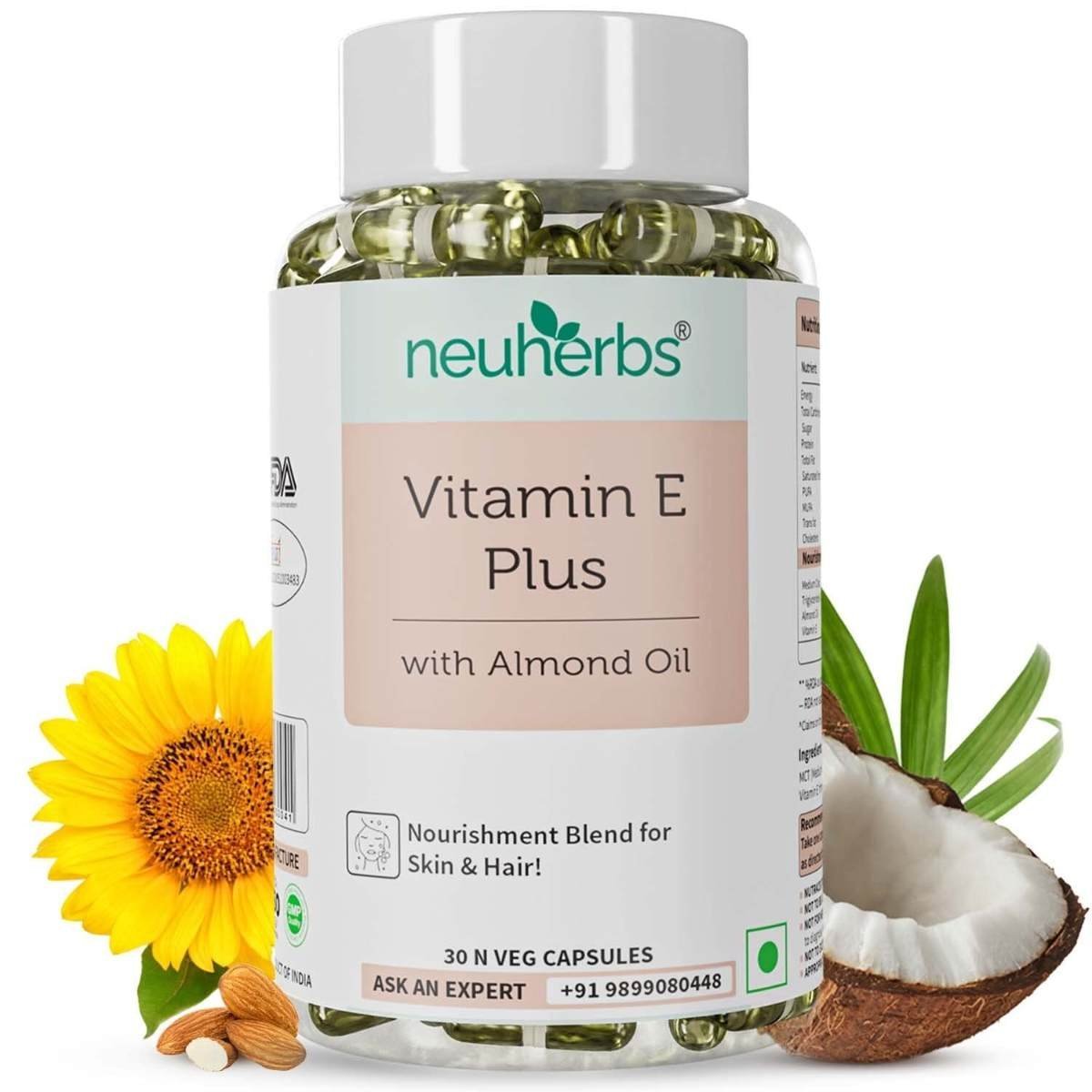 uk61wESuKdQSL-1.jpg Neuherbs Plant Based Natural Vitamin E Plus From Sunflower Oil (With Almond Oil For Better Face, Skin & Hair) Certified Vegan - 30 Veg Capsules - Fast UK Delivery - Image 1