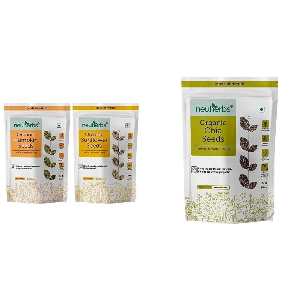 uk61xspqM4T1L-1.jpg Neuherbs Organic Sunflower & Pumpkin Seeds Combo(Sunflower seeds 200g + Pumpkin seeds 200g) & Neuherbs Raw Unroasted Chia Seeds- 200 Gram - Fast UK Delivery - Image 1