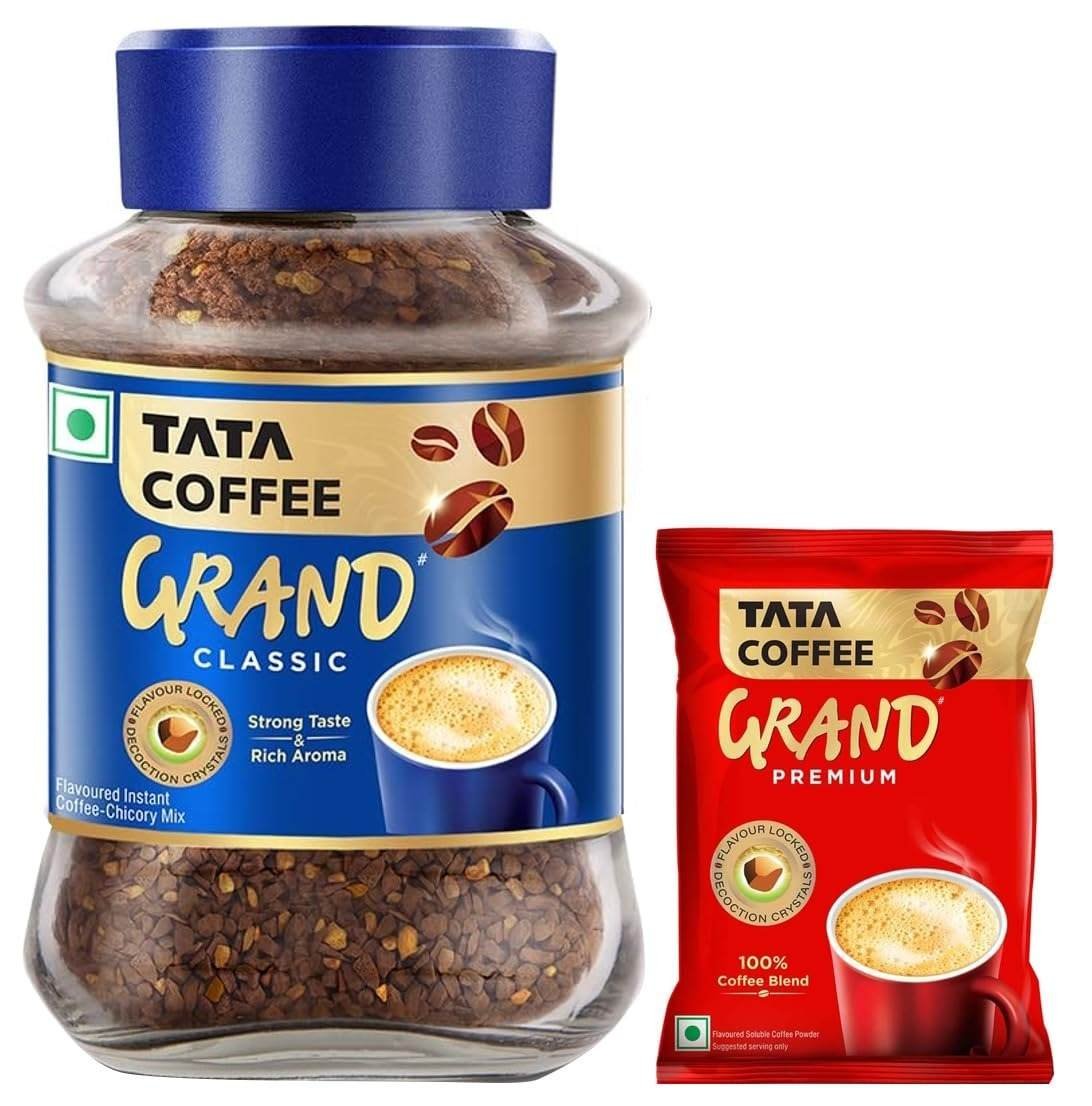 uk61yLWGK4SsL-1.jpg Tata Coffee Grand Classic Instant Coffee| With Flavour Locked Decoction Crystals | 95g Jar & Tata Coffee Grand Premium Instant Coffee| 50G Pouch, Bag, Powder - Fast Shipping to USA & Canada - Image 1