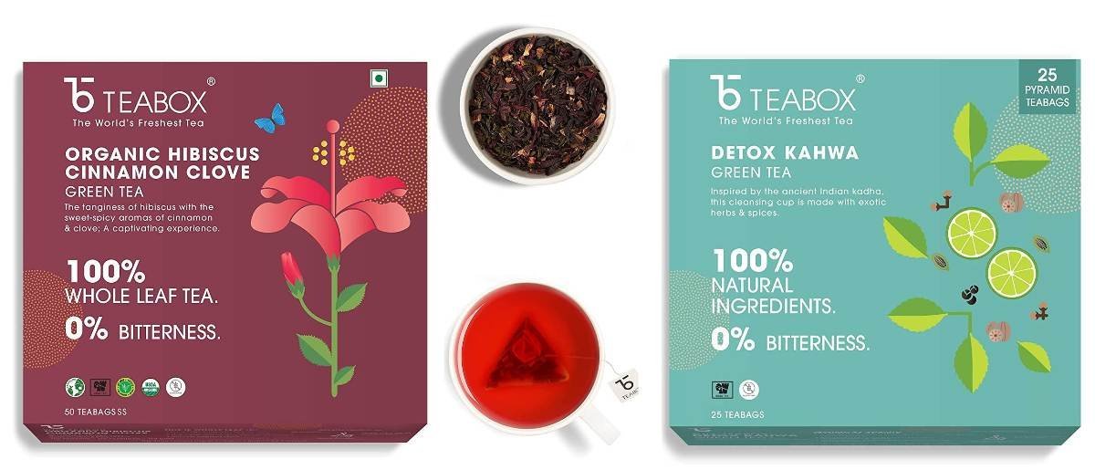 uk715ffF0Y5zL-1.jpg Teabox Hibiscus Cinnamon Clove Green Tea For Healthy Heart, Natural Hibiscus & Detox Kahwa Green Tea Bags 25 Pieces | For Natural Body Cleanse & Cold Relief | Made with 100% Indian Herbs & Spices - Fast UK Delivery - Image 1