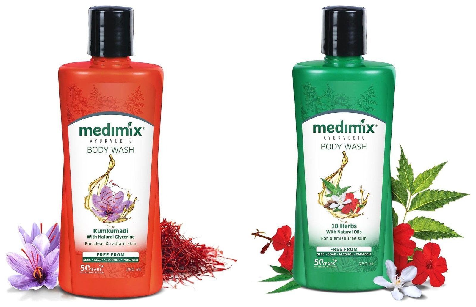 uk718Y0VeuHtL-1.jpg Medimix Ayurvedic 18 Herbs with Natural Oils Body Wash, 250 ml & Medimix Ayurvedic Kumkumadi with Natural Glycerine Body Wash, 250 ml - Image 1