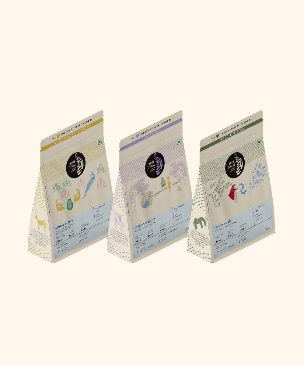 uk718rnAguvL-1.jpg Blue Tokai Coffee Roasters Sampler Pack - Medium Roasted Whole Bean 75G Each Of Attikan Estate, Silver Oak Blend And French Roast | Made With 100% Specialty Grade Arabica, Bag - Fast UK Delivery - Image 1