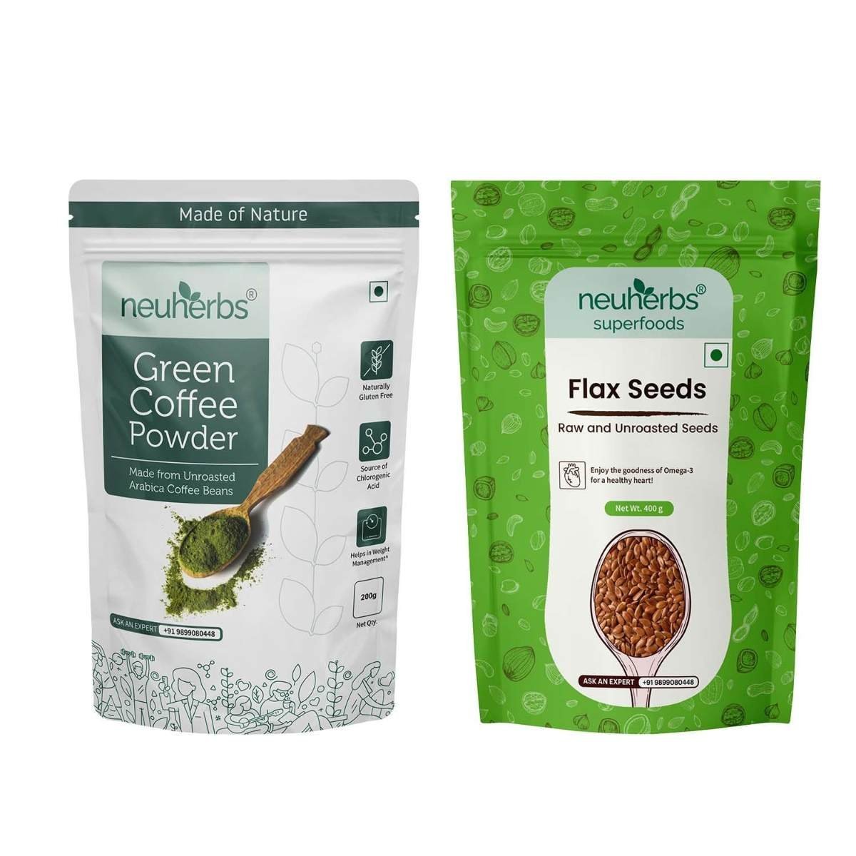 uk71Bmv35bVIL-1.jpg Neuherbs Green coffee bean powder-200g and Flax seeds-400g Combo pack for weight management, Good for digestion and Omega - 3 power - Fast UK Delivery - Image 1