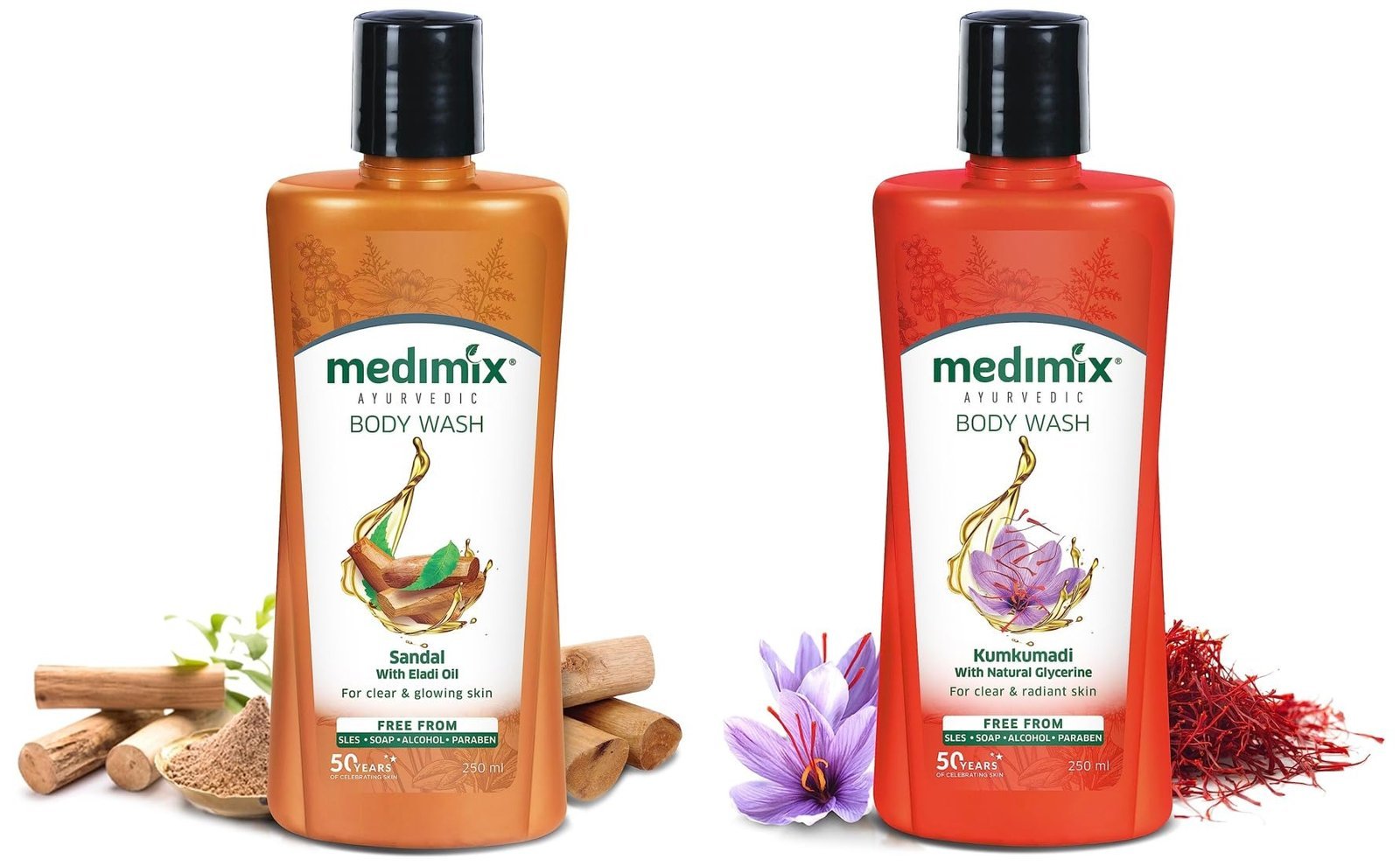 uk71CoNIHSyBL-1.jpg Medimix Ayurvedic Sandal with Eladi Oil Body Wash, 250 ml & Medimix Ayurvedic Kumkumadi with Natural Glycerine Body Wash, 250 ml - Image 1