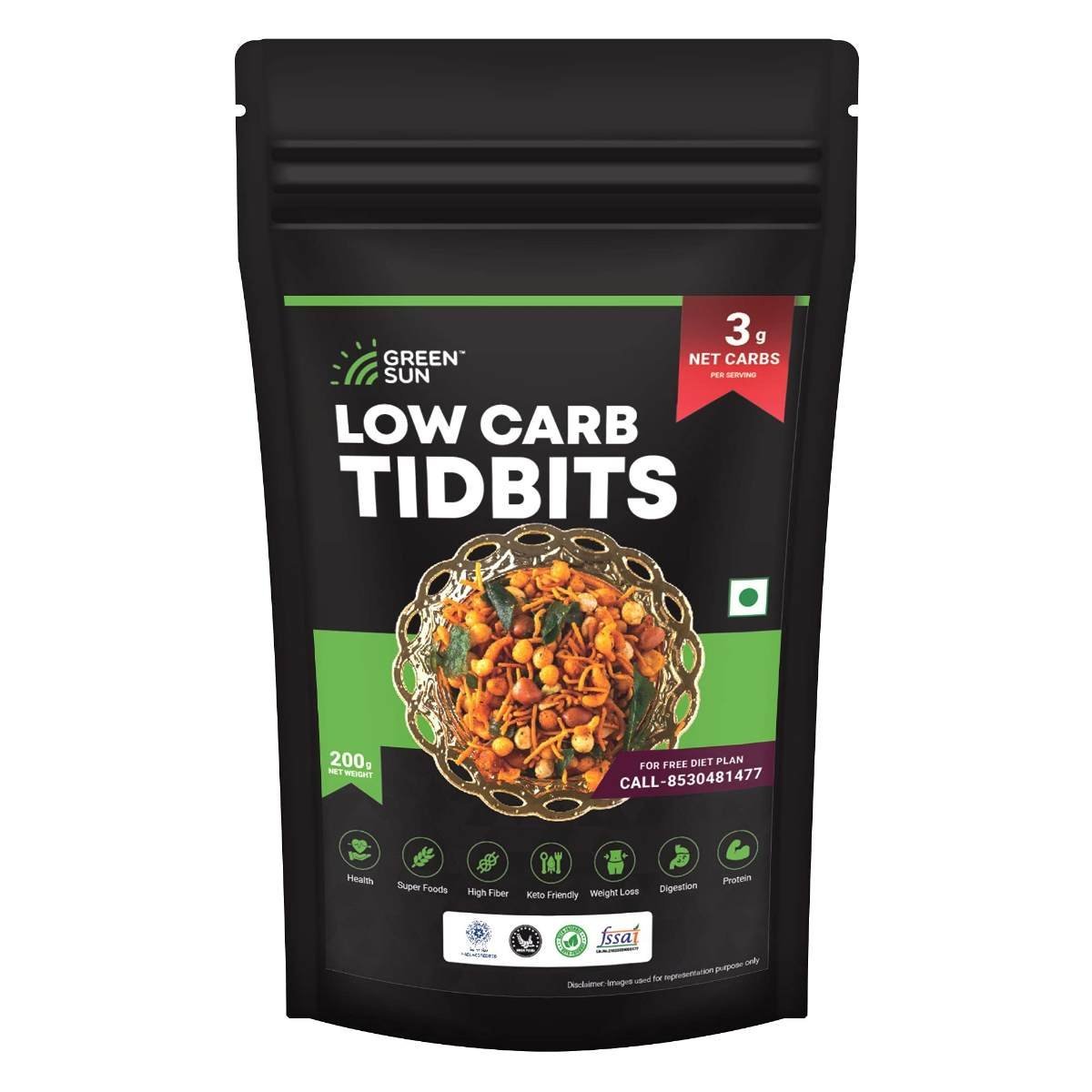 uk71G4vqrK9HS-1.jpg GREEN SUN Pure Veg Low Carb Tidbits | Pack of 1 | Healthy | Mixture | Namkeen | Bhujia | Keto Friendly | Tasty Savoury Snack | Low Calorie - Fast Shipping to USA & Canada - Image 1