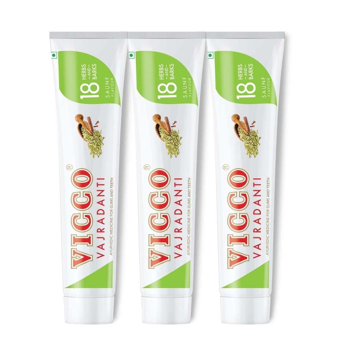 uk71GorCVJNqL-1.jpg Vicco Vajradanti Ayurvedic Paste, Saunf Flavour, 18 Essential Herbs and Barks, Prevents Bad Breath, For Strong and Healthy Teeth, 200 gms, (Pack of 3) - Fast UK Delivery - Image 1