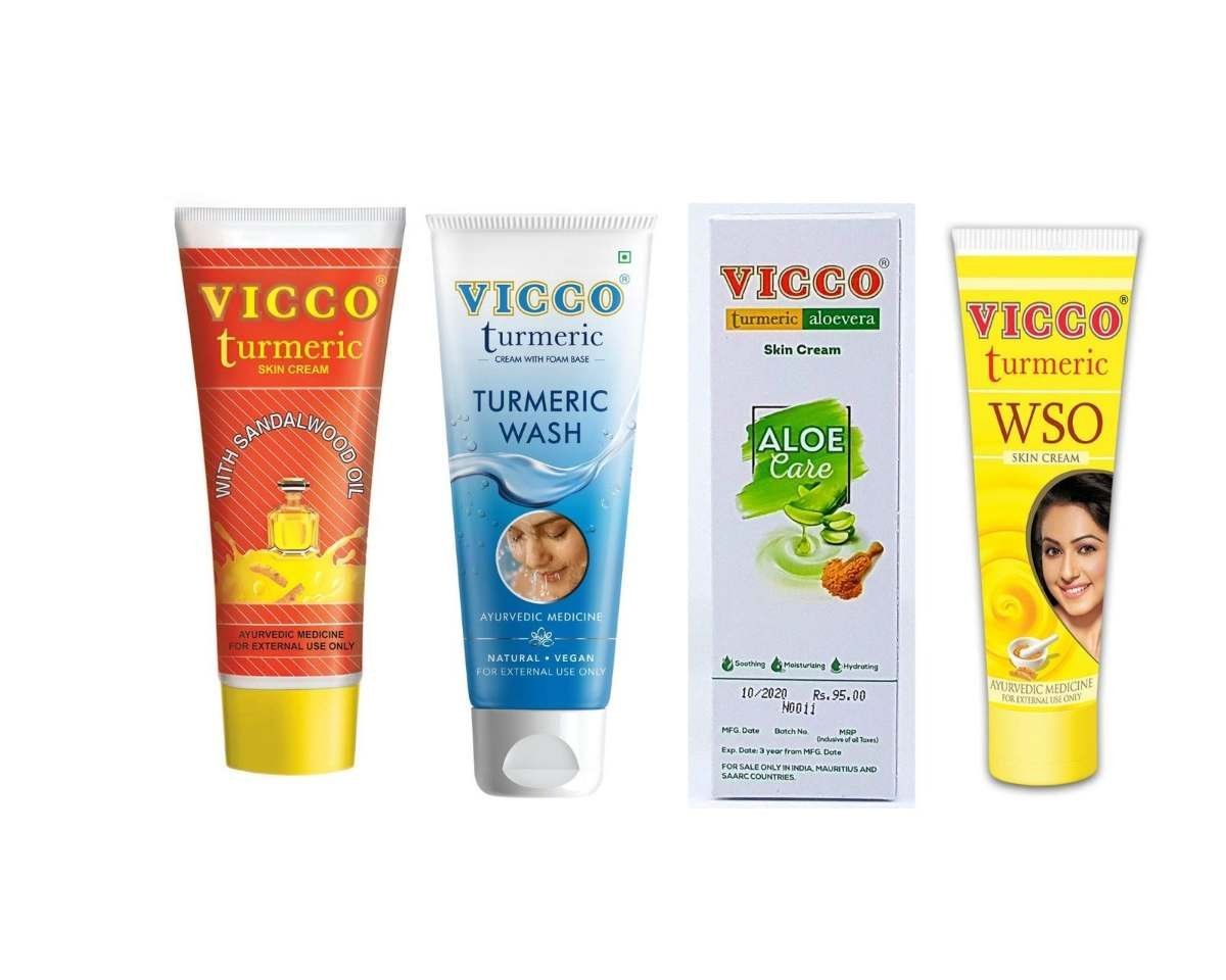 uk71Zb13k0jyL-1.jpg Vicco Glowing Skin Pack-1 Facewash 70g + 1 WSO 60g + 1 Turmeric Cream 70g + 1 Aloe Vera 30g - Image 1