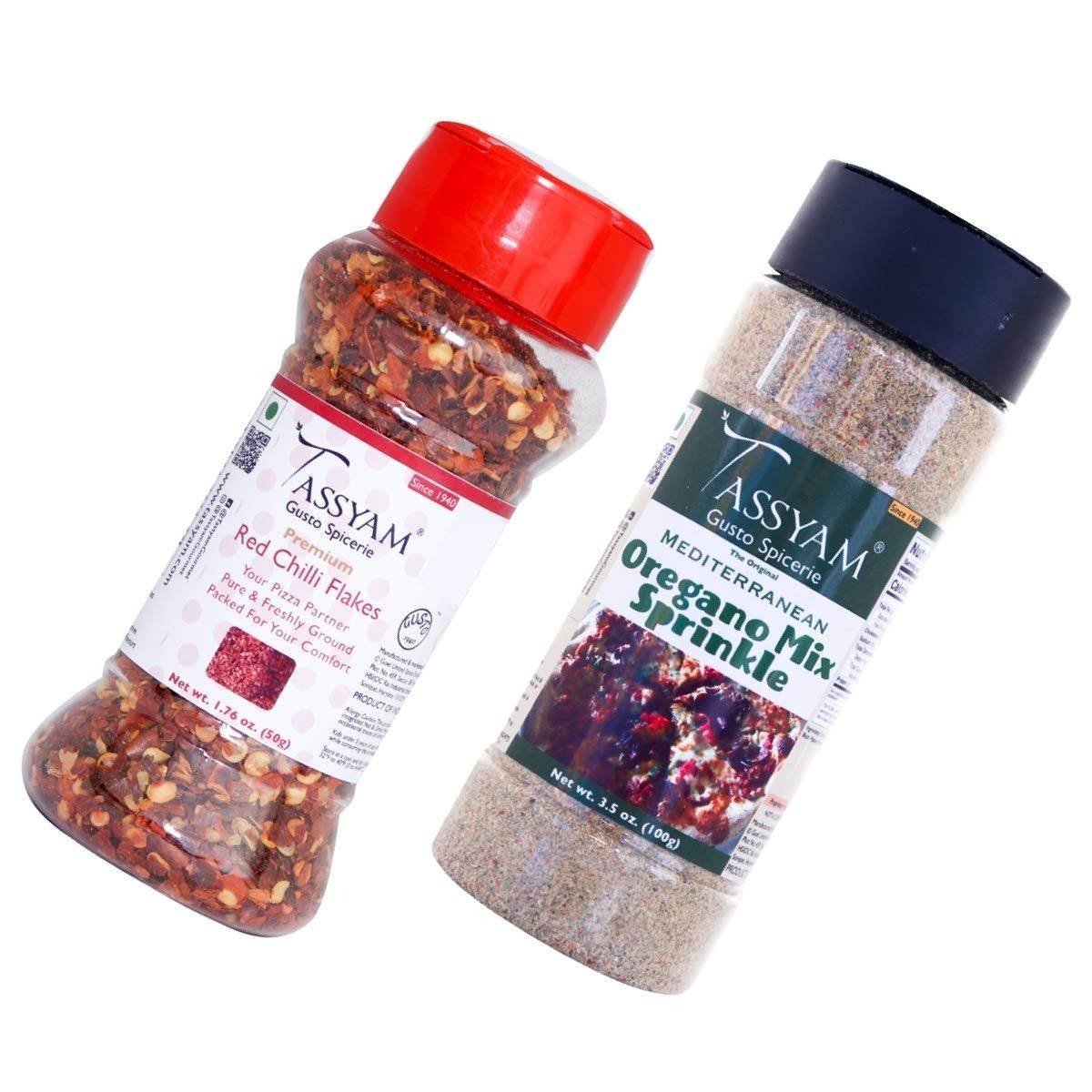 uk71ZiJIQ75vL-1.jpg Tassyam Chili Flakes and Oregano Combo 50g + 100g | Dispenser Bottles, All Natural, Especially for Pizzas - Fast UK Delivery - Image 1