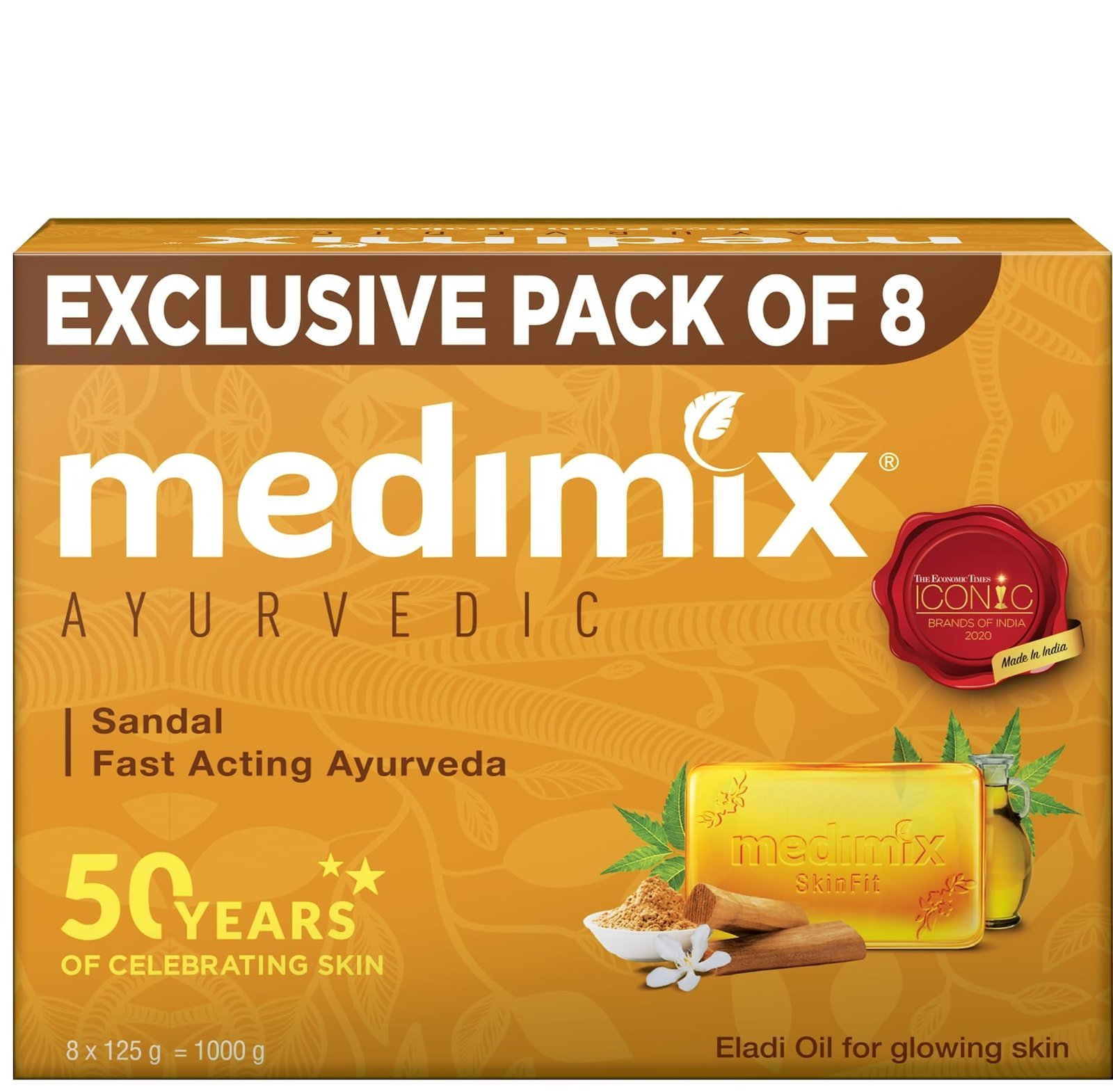 uk71amWxGq91L-1.jpg Medimix Ayurvedic Sandal Bathing Soap Bar With Eladi Oil 125Gm (Combo Pack of 8) | For Naturally Glowing Skin | Herbal | Natural | Paraben-free & Sulphate-free | 100% Vegan - Fast UK Delivery - Image 1
