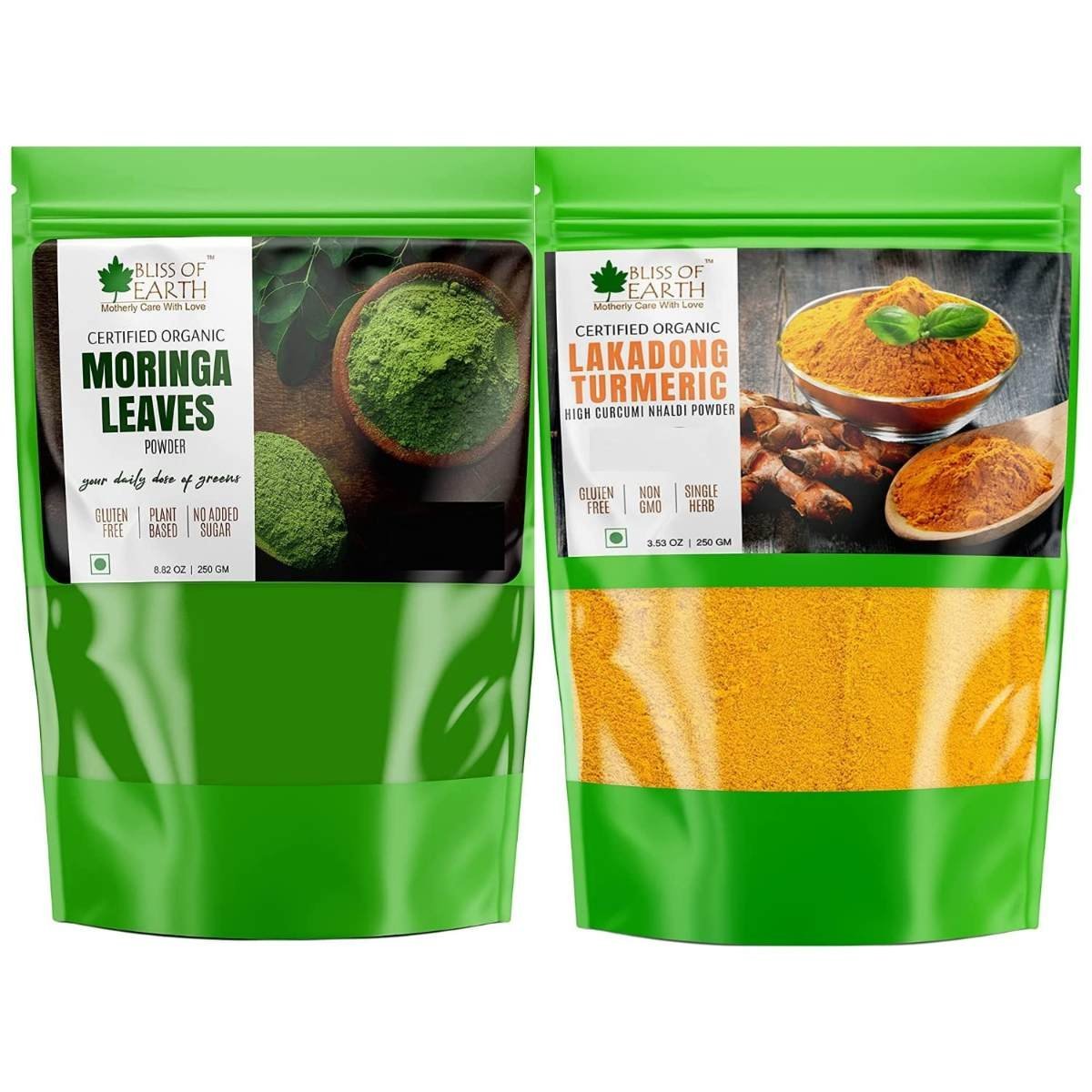 uk71f0WYwsWL-1.jpg BLISS OF EARTH 250GM Organic Moringa Leaves Powder+250GM Organic Lakadong Turmeric Powder Pack of 2 - Fast UK Delivery - Image 1