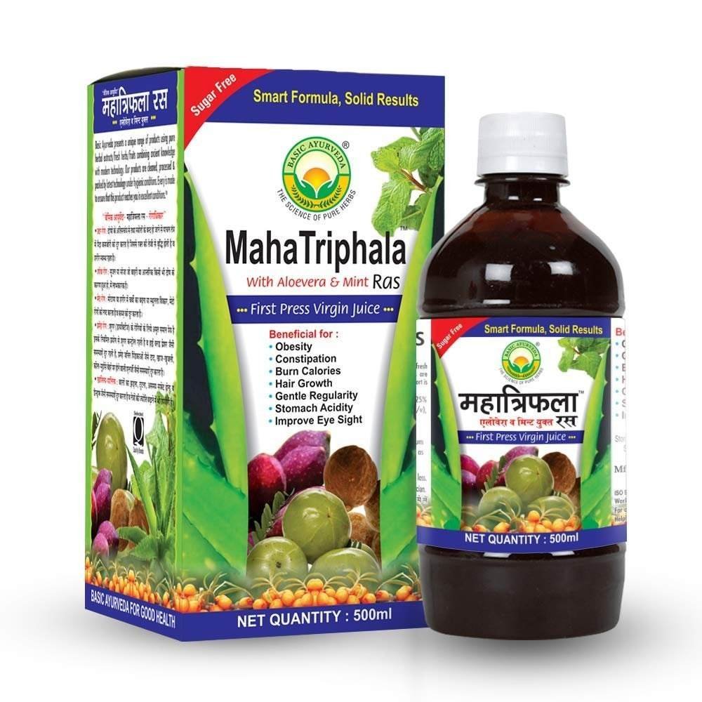 uk71fy1rm1r-L-1.jpg BASIC AYURVEDA Maha Triphala Ras (Juice) With Aloe Vera & Mint 500 Ml | Ayurvedic Supplements for Digestive Health | First Press Virgin Juice - Fast UK Delivery - Image 1