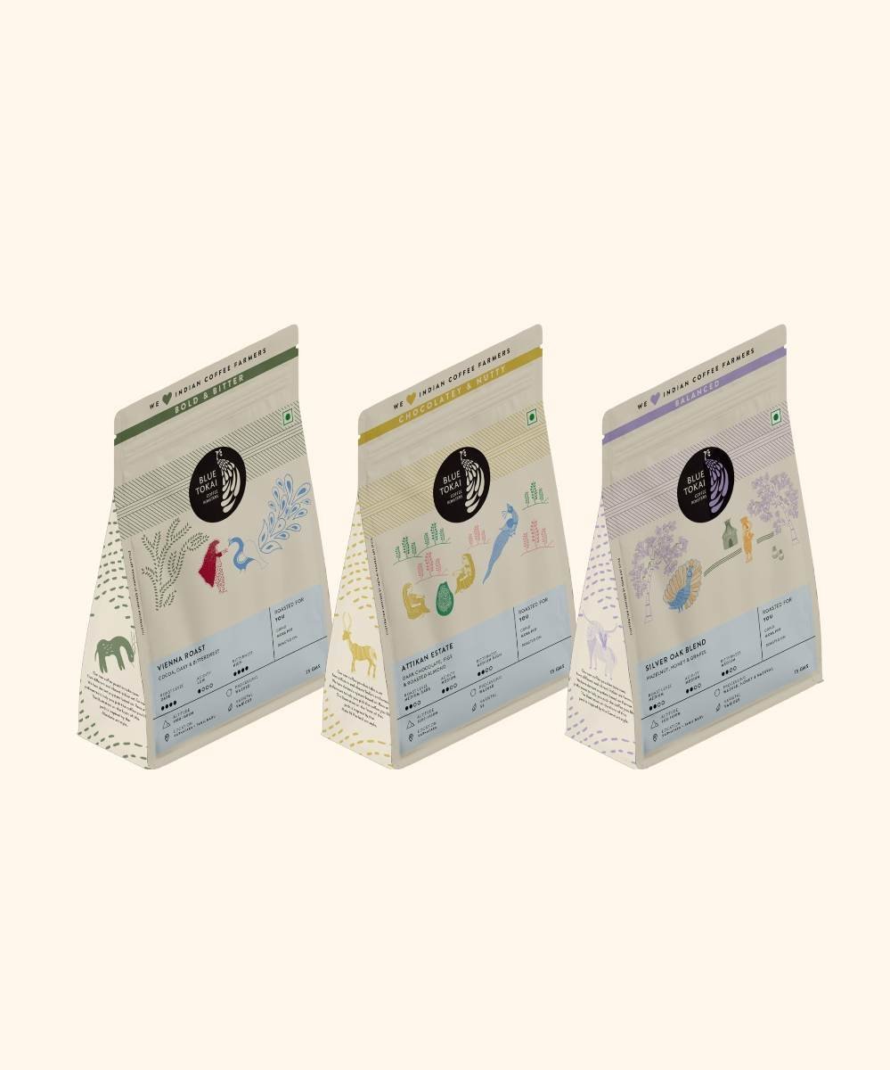uk71hHn3PyFL-1.jpg Blue Tokai Coffee Roasters Blue Tokai Coffee Assorted Sampler Pack Vienna Dark Roast, Attikan Medium And Silver Oak | Moka Pot | 100% Arabica Ground Coffee Packet (75Gm Each, Pack Of 3) - Fast UK Delivery - Image 1