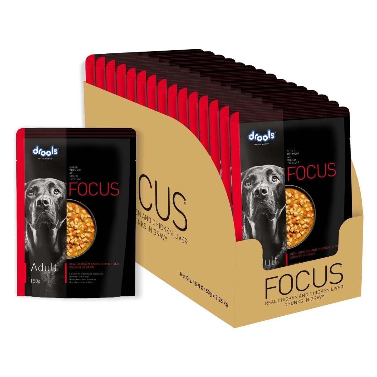 uk71iATYYwgL-1.jpg Drools Focus Adult Dog Wet Food Real Chicken and Chicken Liver Chunks in Gravy,2.25kg (150g x 15) Pack of 15 - Fast UK Delivery - Image 1