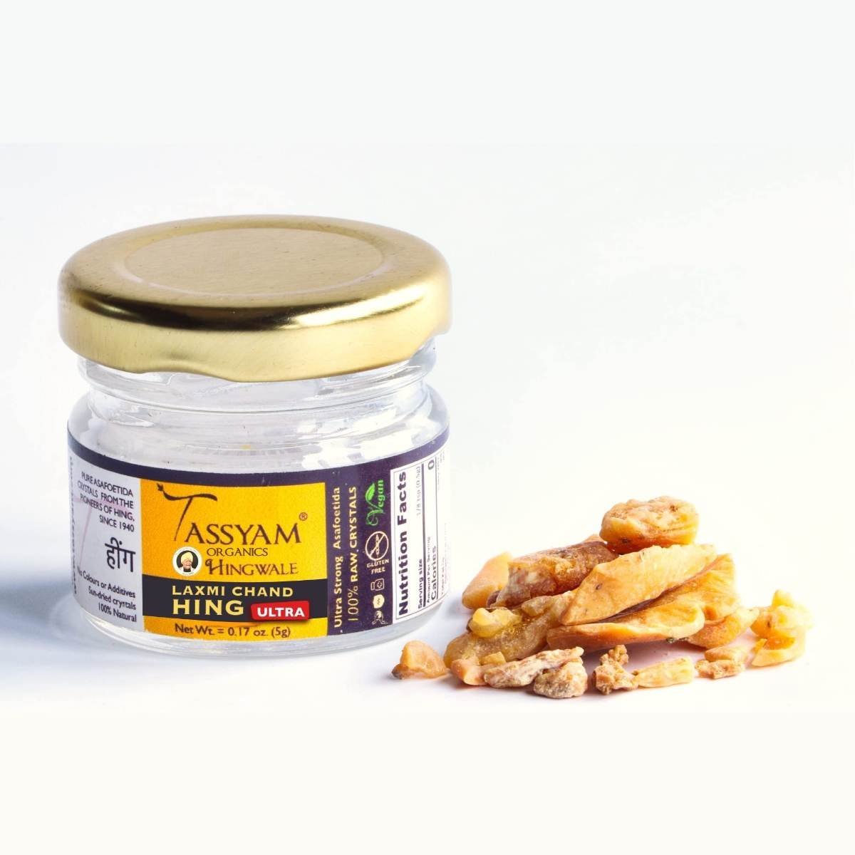 uk71jlP2JBnRL-1.jpg Tassyam Organics Hingwale Laxmi Ultra Raw Hing Crystals 5g Bottle | Gluten Free & Vegan 100% Pure & Natural Perungayam Inguva - Fast UK Delivery - Image 1