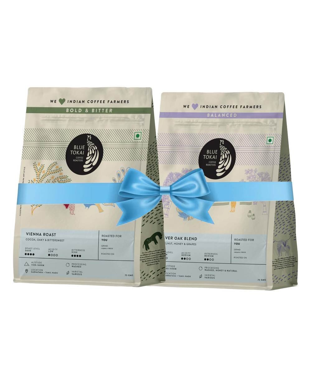 uk71kbhcmFw4L-1.jpg Blue Tokai Coffee Roasters Sampler Pack Vienna Dark Roast & Silver Oak Cafe Blend - Medium Roast | French Press Grind | 100% Arabica Ground Coffee (75gm each, Pack of 2) - Fast UK Delivery - Image 1