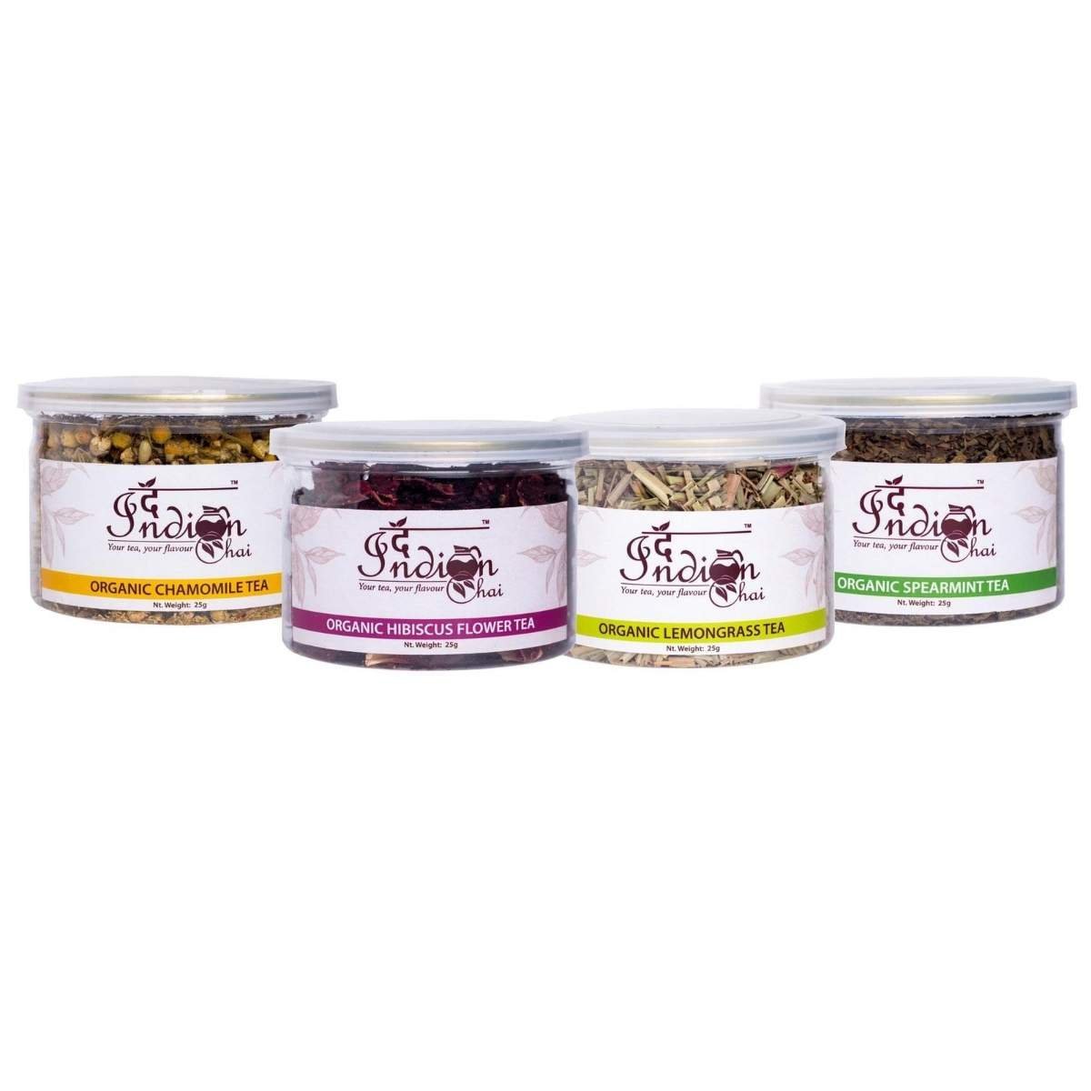 uk71nazMQtQlL-1.jpg The Indian Chai - Combo, Chamomile Tea, Hibiscus Tea, Lemongrass Tea and Spearmint Tea, 25g each, (4 x 25g), Total 100g - Fast UK Delivery - Image 1