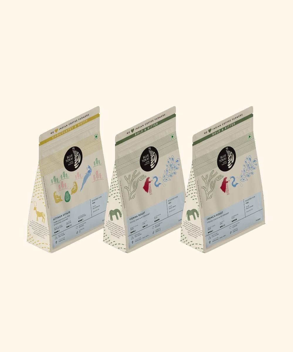 uk71ntFUpknFL-1.jpg Blue Tokai Coffee Roasters Coffee Assorted Sampler Pack (French Press Grind)-75G Each Of Attikan Estate,Vienna Roast & French Roast,100% Specialty Grade Arabica Freshly Roasted Ground Coffee - Bag - Fast UK Delivery - Image 1