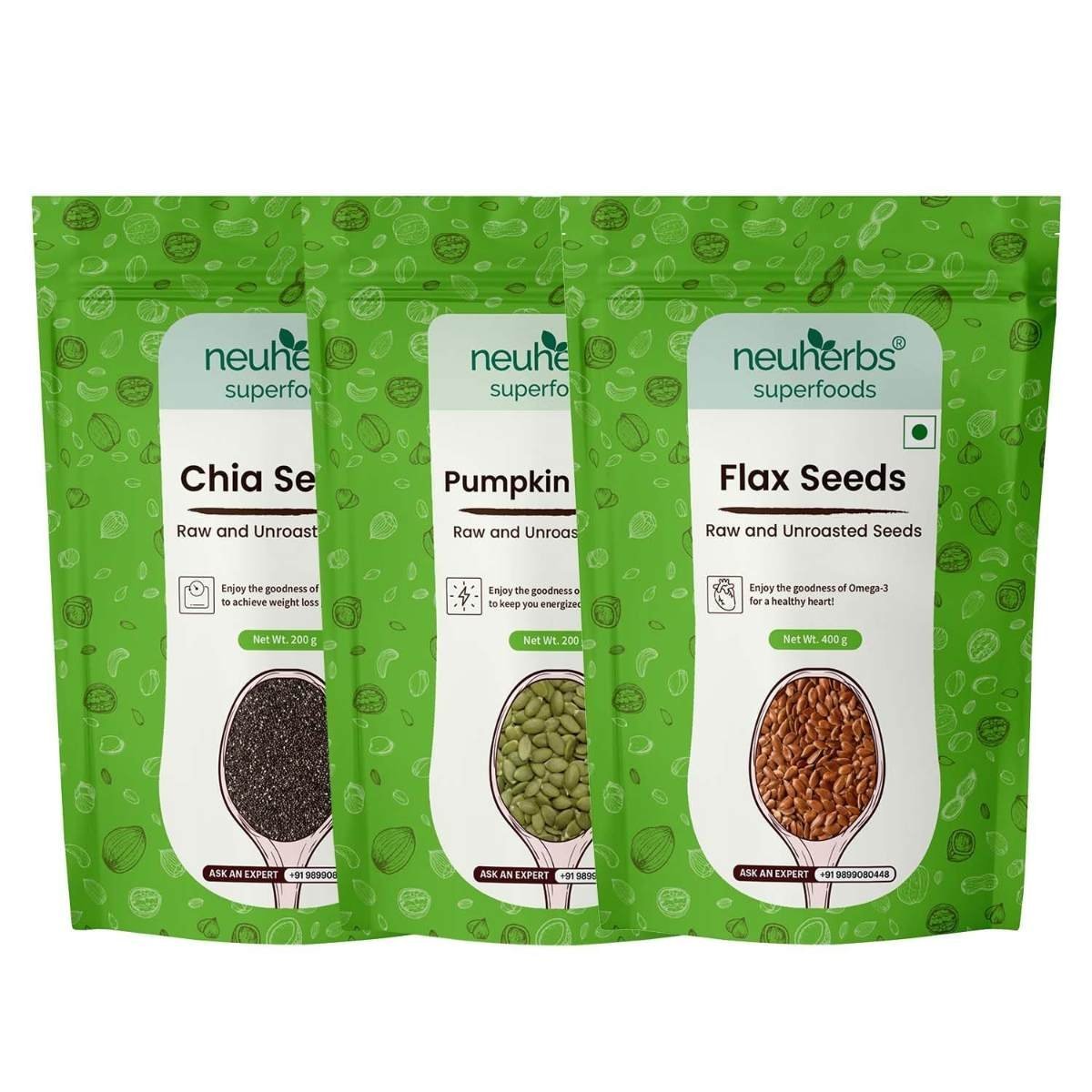 uk71o0U-kgVdL-1.jpg Neuherbs Unroasted Flax, Chia, and Pumpkin Seeds Combo for Improved Bone Health-(Flax seeds 400g + chia seeds 200g + pumpkin seeds 200g) - Fast UK Delivery - Image 1