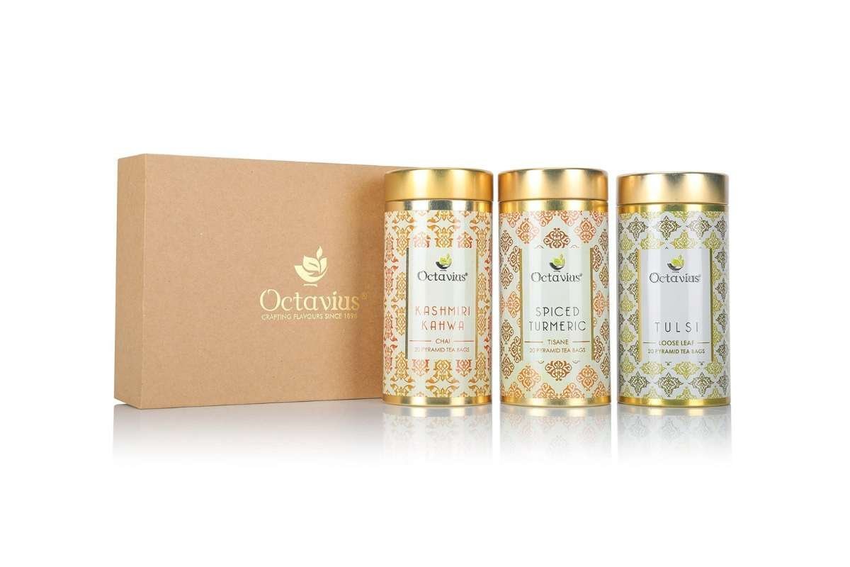 uk71xLZrmCcUL-1.jpg Octavius Gourmet Tea Collection - Immunities | 60 Tea Bags Packed in Decorative Tin Boxes | Spiced Turmeric, Kashmiri Kahwa & Tulsi Pyramid Teabags - Set of 3 Tins (20 Teabags Each) - Fast UK Delivery - Image 1