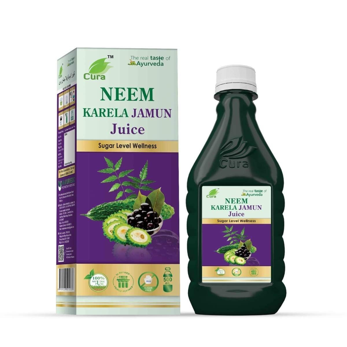 uk71xn-BoTzoL-1.jpg CURA AYURVEDIC NEEM KARELA JAMUN JUICE II Neem Karela & Jamun Blend II Maintains Healthy Blood Sugar Level II 500 ml - Fast UK Delivery - Image 1