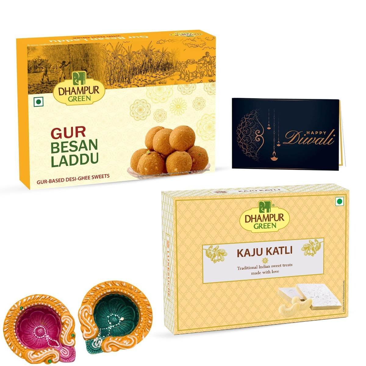 uk81-OOHJCnL-1.jpg Dhampurgreen Gur Besan Laddu Diwali Sweets Gift Hamper,1 Diya & Greeting Card - Indian Sweets | Mithai | Gift, 900grams - Fast UK Delivery - Image 1