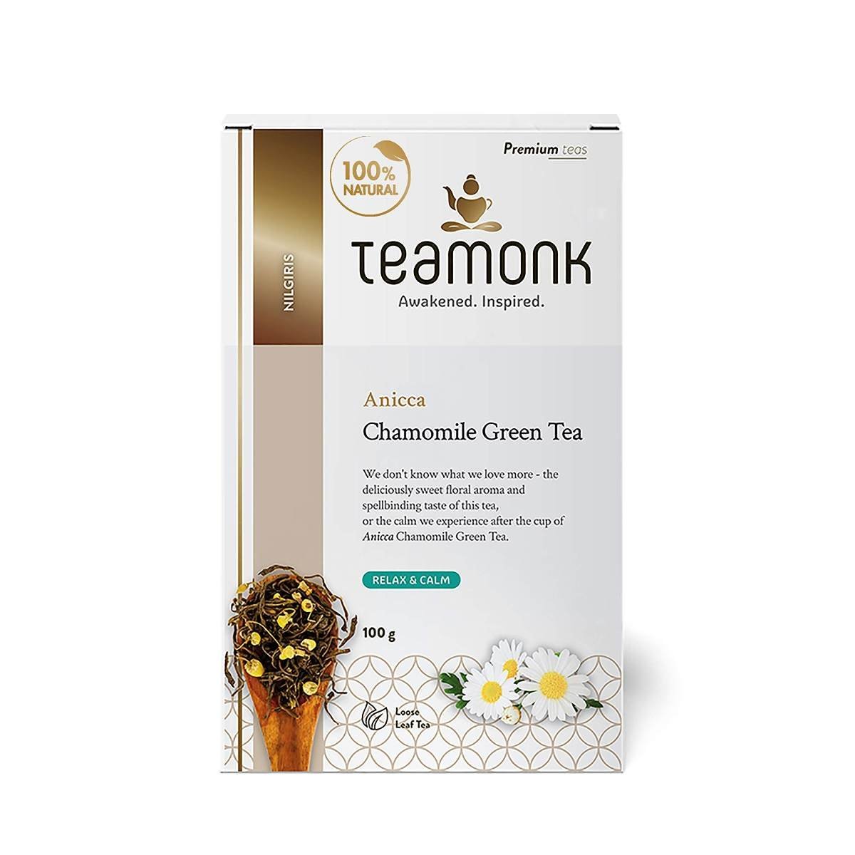 uk8114uIy27uL-1.jpg Teamonk Anicca High Mountain Chamomile Green Tea Leaves (50 Cups) - 100g. Best Calming Tea | Night Tea | Relaxation Tea - Fast Shipping to USA & Canada - Image 1