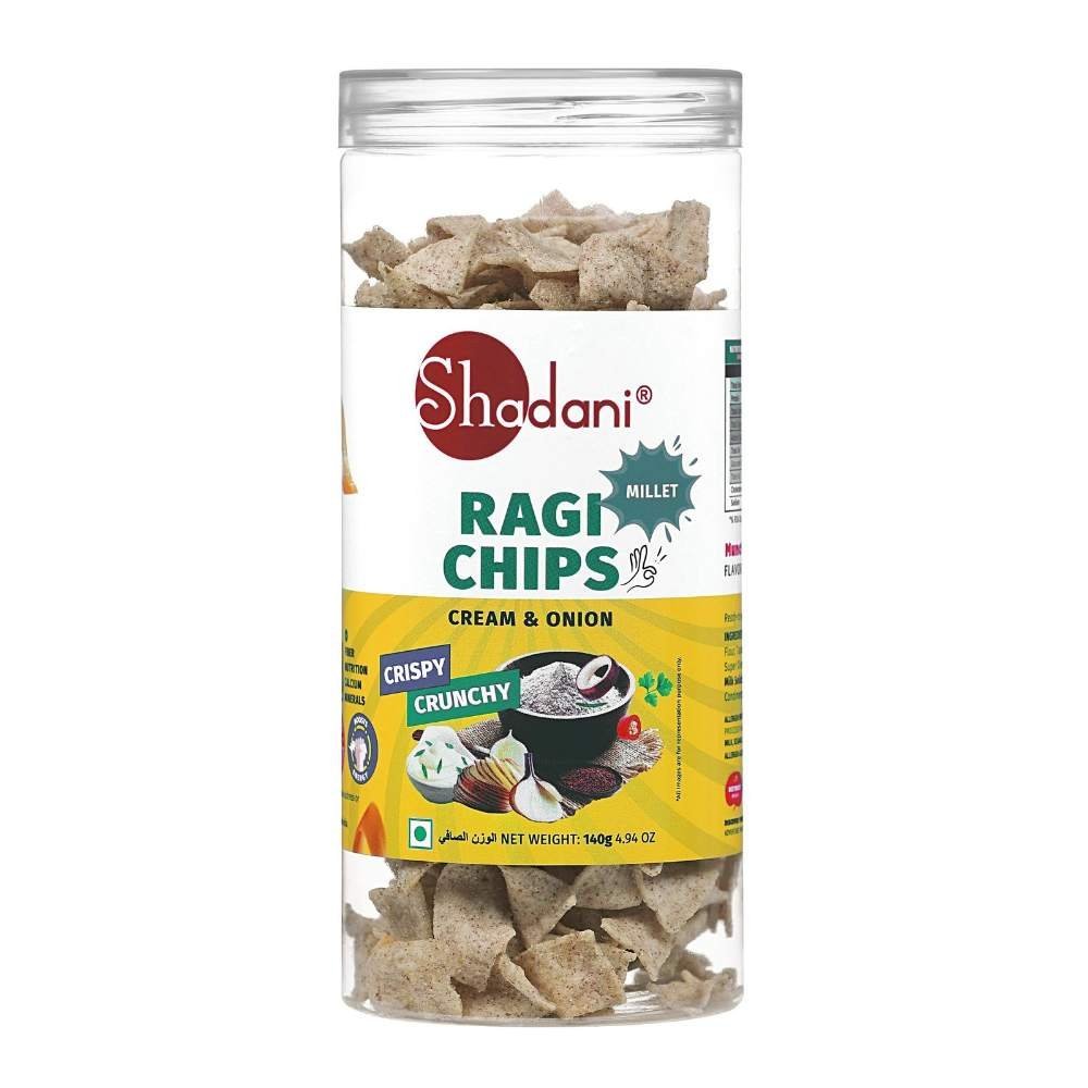uk812-J4DHObL.jpg Shadani Ragi Chips 140g - Cream and Onion flavour | Crispy & Crunchy | Rich in fibre, Protein, Vitamins & Antioxidants | Energy-Boosting, Preservative-Free Snack - Fast UK Delivery - Image 1