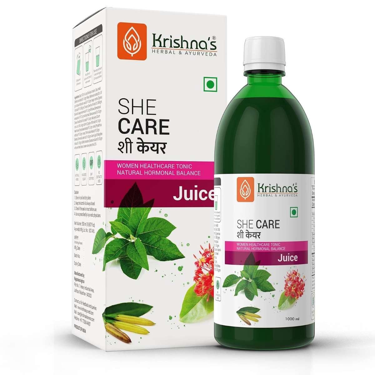 uk815F8kcxQmL-1.jpg KRISHNA'S HERBAL & AYURVEDA She Care Juice 1000ml, Herbal Supplement for Hormonal Balance, PCOS, PCOD, Period Pain Relief, Hair and Skin Health | Women Wellness Juice - Fast UK Delivery - Image 1