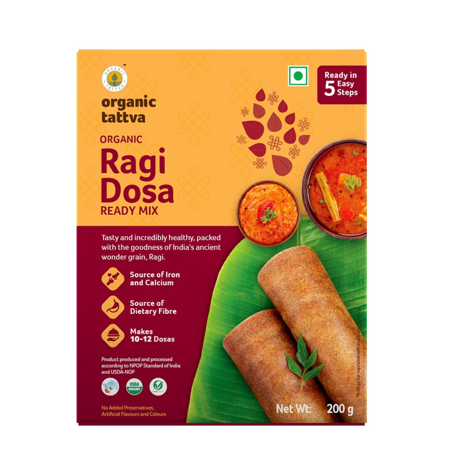 uk818Z7CKpzyL-1.jpg Organic Tattva, Organic Ragi Dosa Instant Ready Mix 200 Gram | Rich Source of Iron, Calcium and Dietary Fiber | Gluten Free, No Artificial Flavours and Preservatives | Ready in 5 Easy Steps - Fast UK Delivery - Image 1