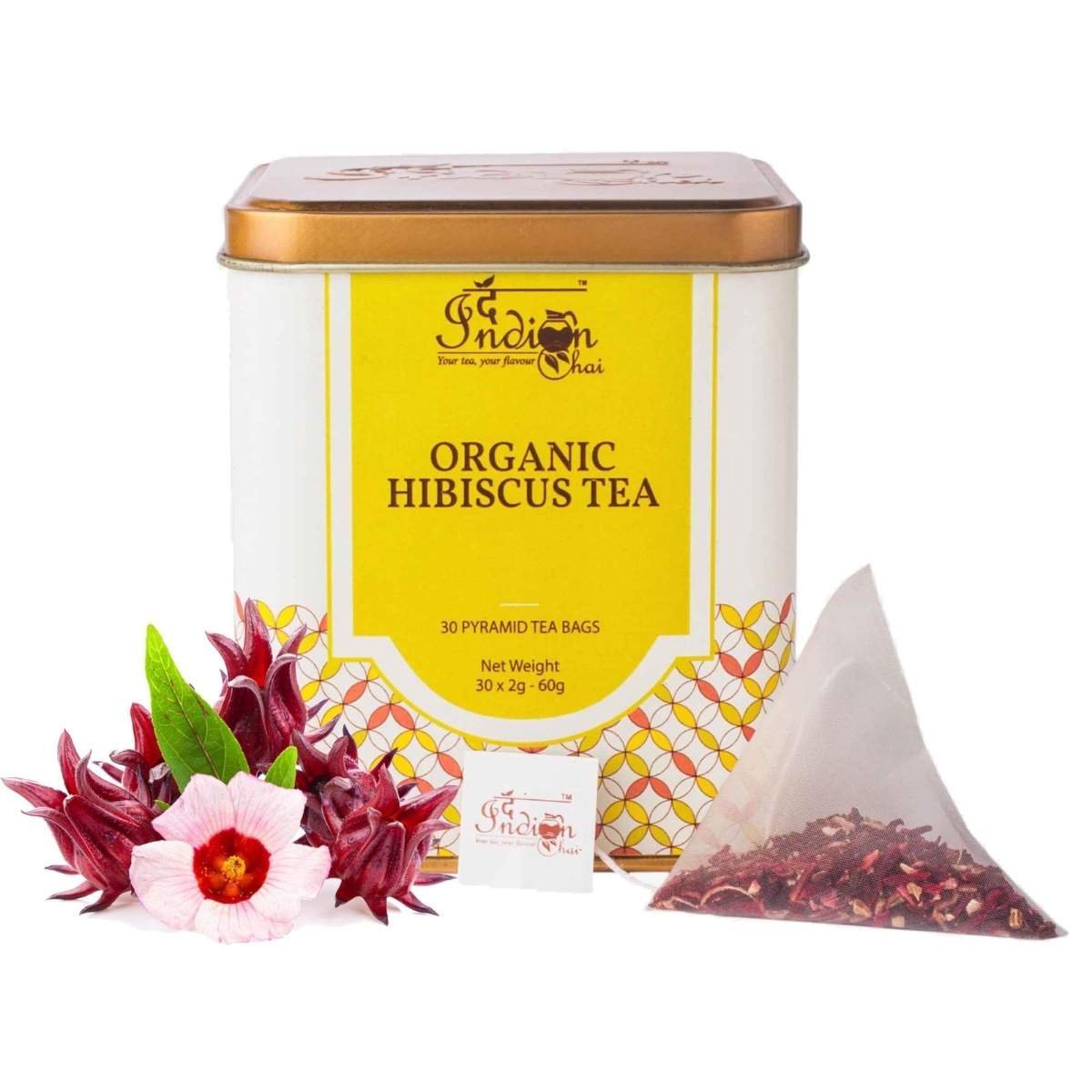 uk819y-m9609L-1.jpg The Indian Chai - Organic Hibiscus Tea 30 Pyramid Tea Bags | Herbal Tisane | Reduces Blood Sugar - Fast UK Delivery - Image 1