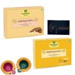 Dhampurgreen Gur Kaju Katli & Kesar Kaju Katli Diwali Sweets Gift Hamper,1 Diya & Greeting Card - Indian Sweets | Mithai | Gift, 800grams - Fast UK Delivery