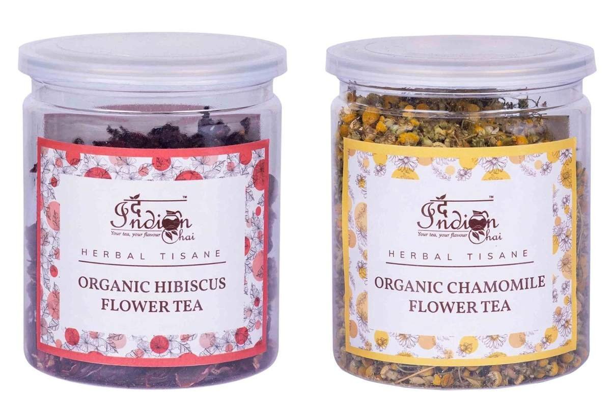 uk81HWBoSnuHL-1.jpg The Indian Chai - Organic Chamomile Flower Tea and Organic Hibiscus Flower Tea Combo, 50 grams Each, Herbal Tea, Caffeine Free - Fast UK Delivery - Image 1