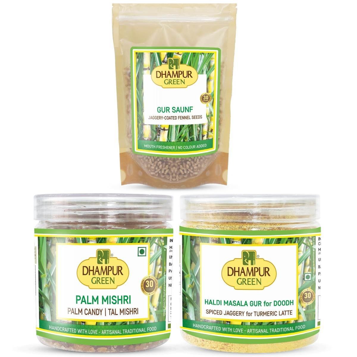 uk81HY1NqAbFL-1.jpg Dhampurgreen Spiced Jaggery Snacks Combos for Tea Palm Candy Sugar, 350gGur Saunf, 150gHaldi Turmeric Masala Gur, 250g750 - Fast UK Delivery - Image 1