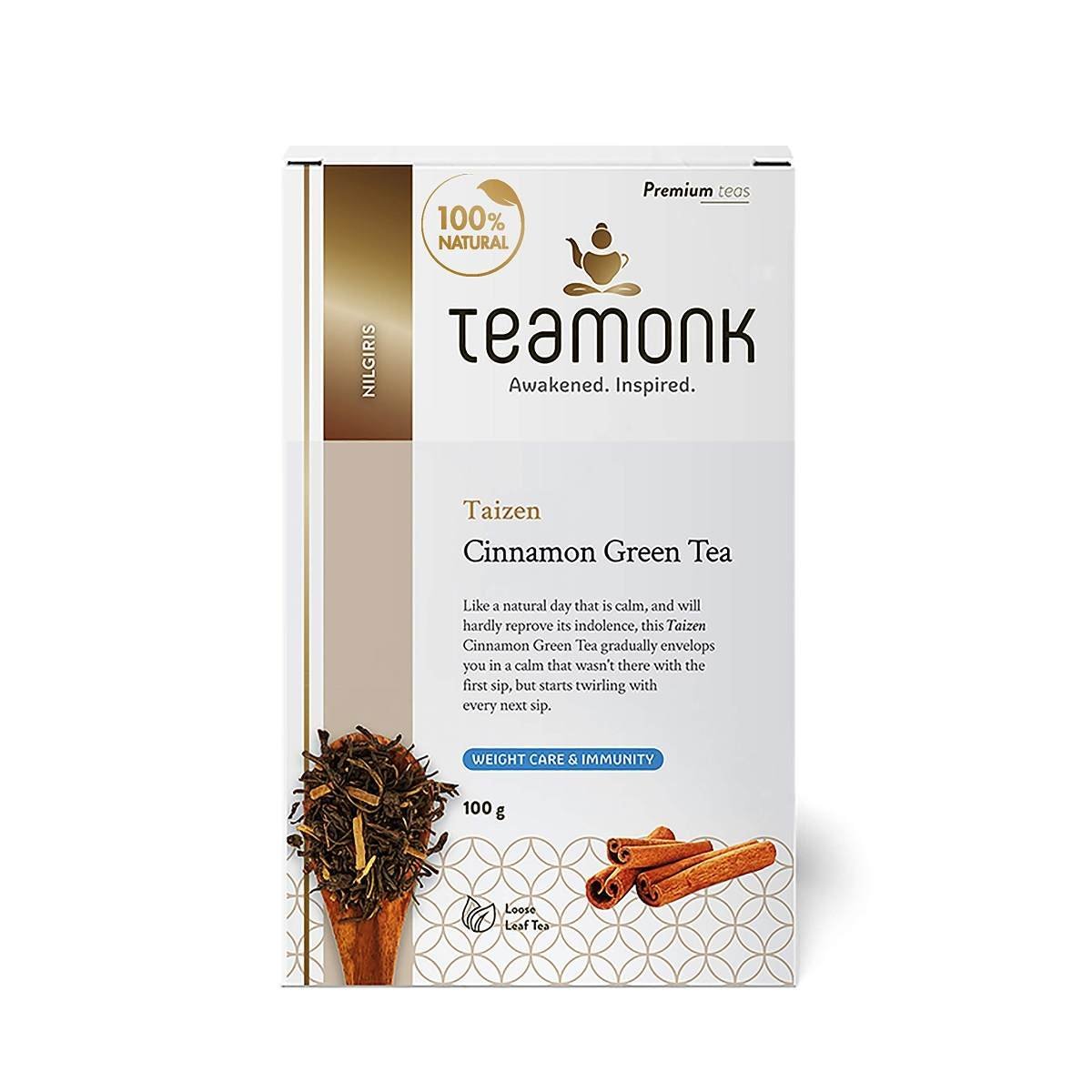 uk81NZs1ouj3L-1.jpg Teamonk Taizen High Mountain Cinnamon Green Tea Leaves (50 Cups) - 100 g. Slimming Tea. Acts as Immunity Booster. Aids in Clear Skin - Fast Shipping to USA & Canada - Image 1