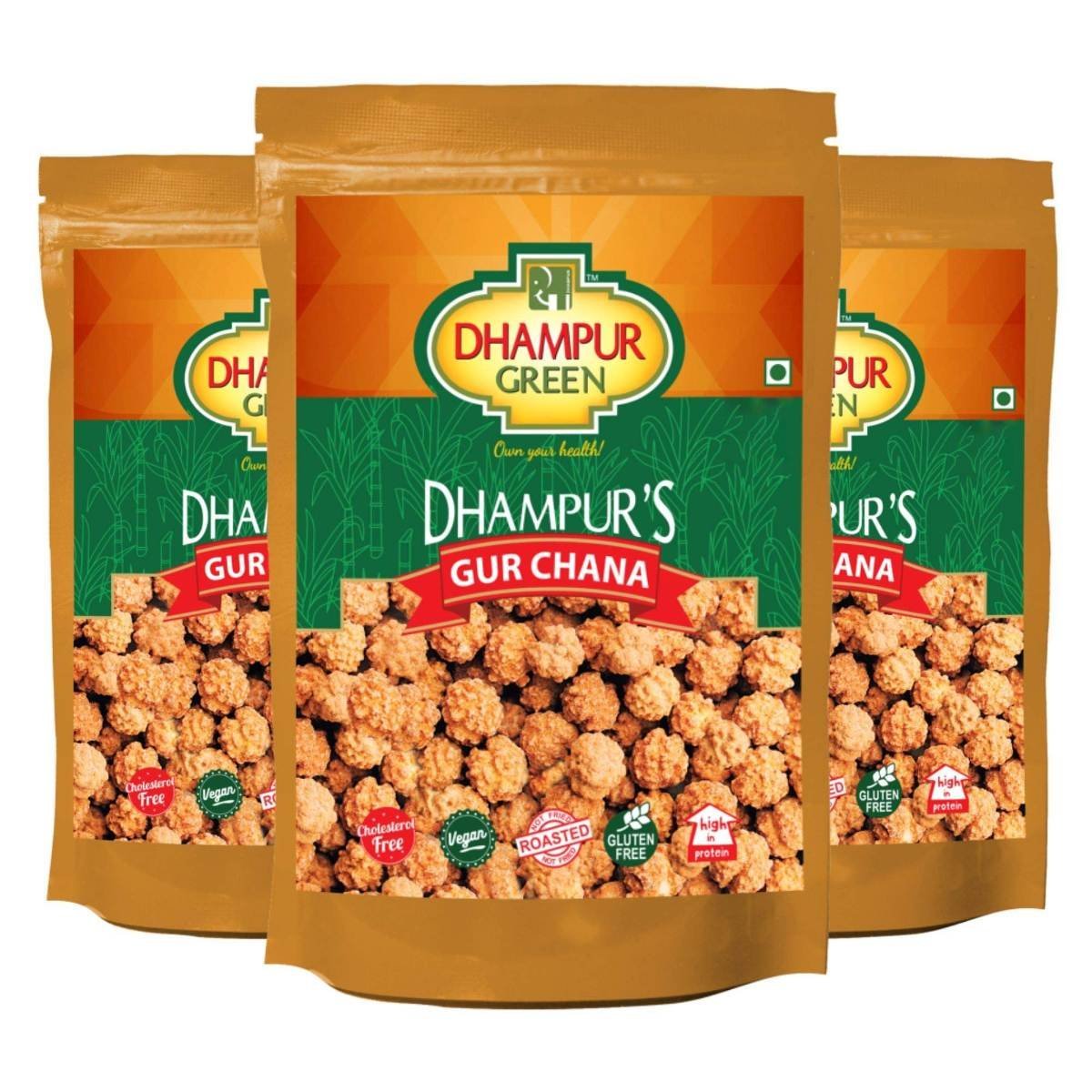 uk81OGIBVzoJL-1.jpg Dhampurgreen Gur Chana, 450 grams (150 gramsX3) | Chickpeas Sweets Snacks With Jaggery | Roasted Chickpeas - Fast UK Delivery - Image 1