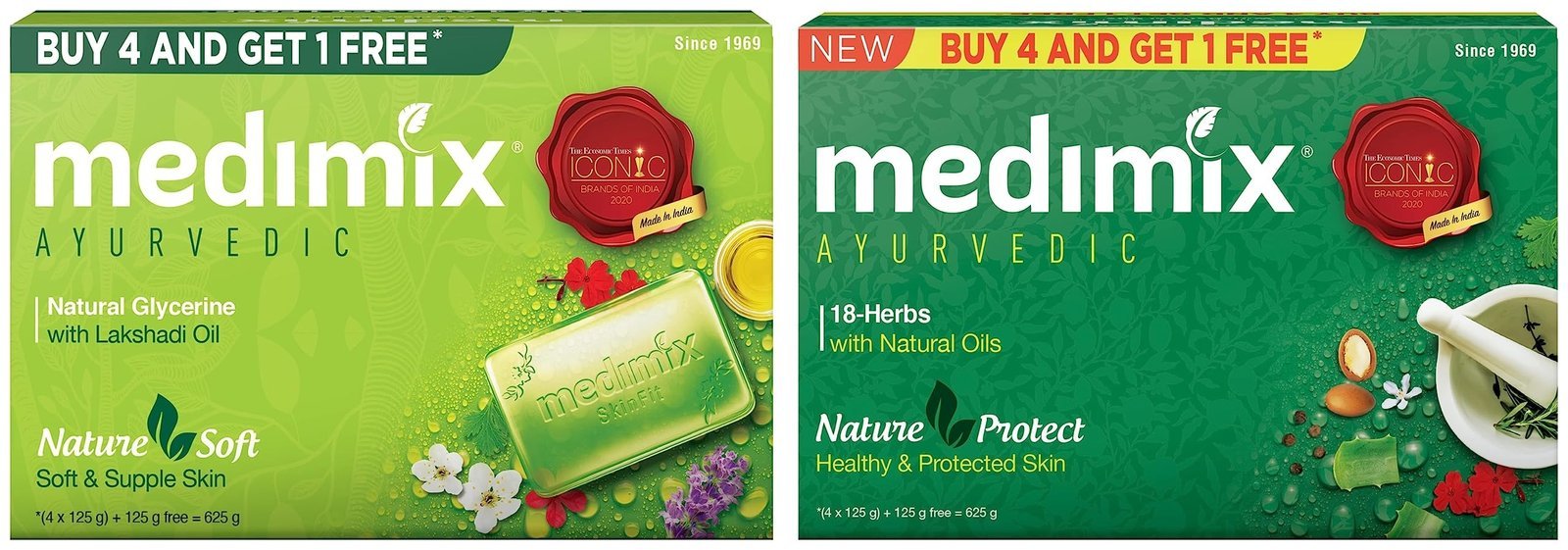 uk81OKNOjLC5L-1.jpg Medimix Ayurvedic Classic 18 Herbs Soap, 125 g (4 + 1 Offer Pack) And Medimix Ayurvedic Natural Glycerine Bathing Bar, 125 g (4 + 1 Offer Pack) - Fast UK Delivery - Image 1