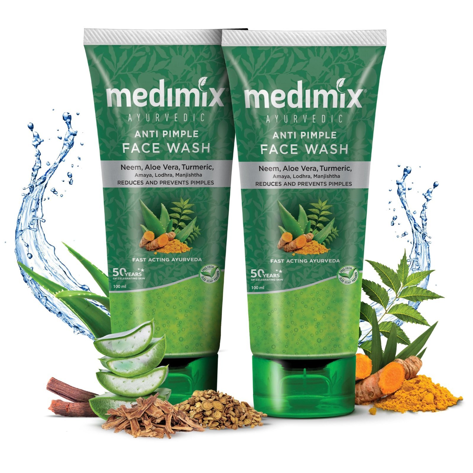 uk81R3NFtUduL-1.jpg Medimix Ayurvedic Anti Pimple Face Wash 100ml (Combo pack of 2) | With Neem, Aloe Vera, and Turmeric | Helps reduce & prevent pimples | Natural | Herbal | Paraben-free | Soap-free | SLES-Free - Fast UK Delivery - Image 1