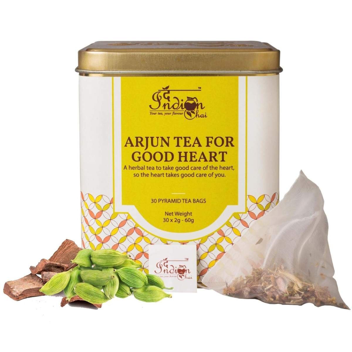 uk81RsH-rHY1L-1.jpg The Indian Chai - Arjun Tea For Good Heart 30 Pyramid Tea Bags | Promotes Heart Health Controls Blood Pressure | Herbal Tea with the Goodness of Arjuna Chhal, Ashwagandha, Brahmi, etc | Ayurvedic Tea - Fast UK Delivery - Image 1
