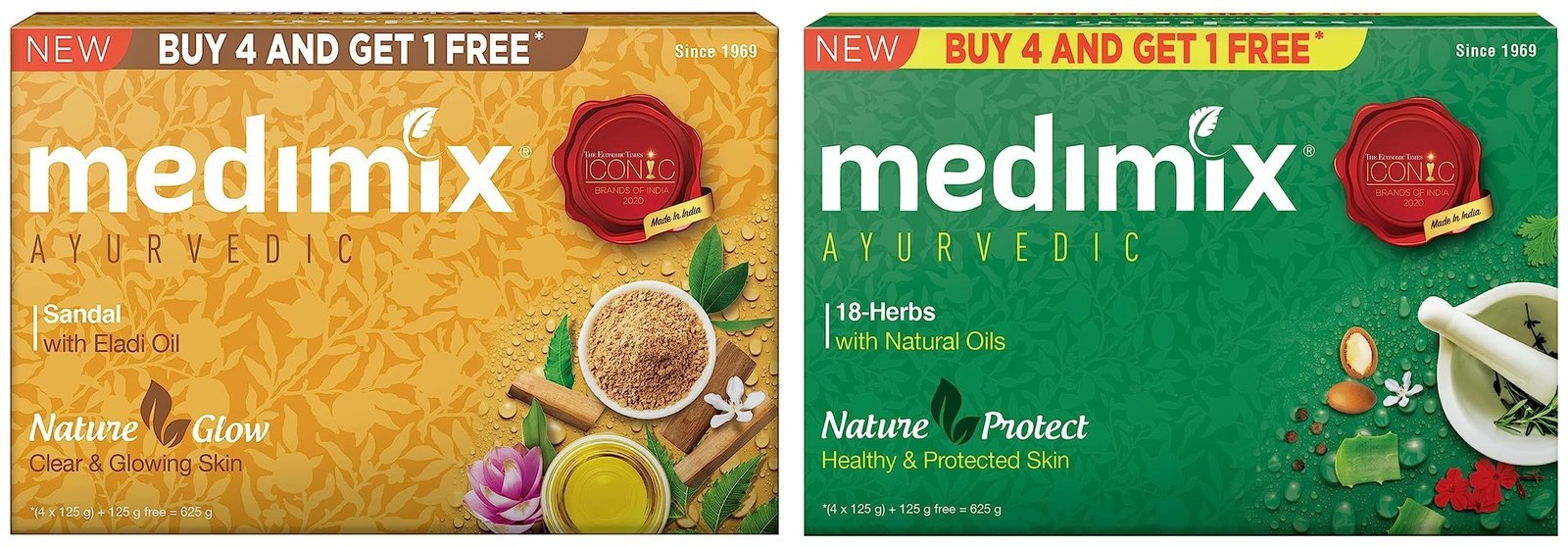 uk81SzfOvY85L-1.jpg Medimix Ayurvedic Sandal Bathing Bar, 125 g (4 + 1 Offer Pack) And Classic 18 Herbs Soap, 125 g (4 + 1 Offer Pack) - Fast UK Delivery - Image 1